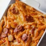 Chorizo Pasta Bake in a white baking dish