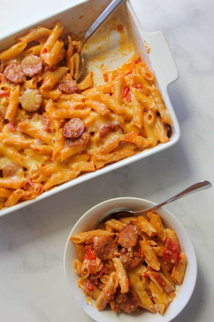 Chorizo Pasta Bake in a bowl and baking dish