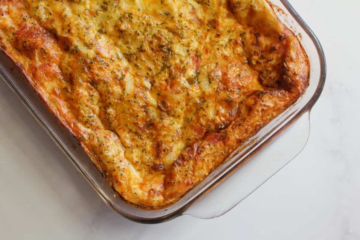 Egg and Bacon pie in a glass baking dish