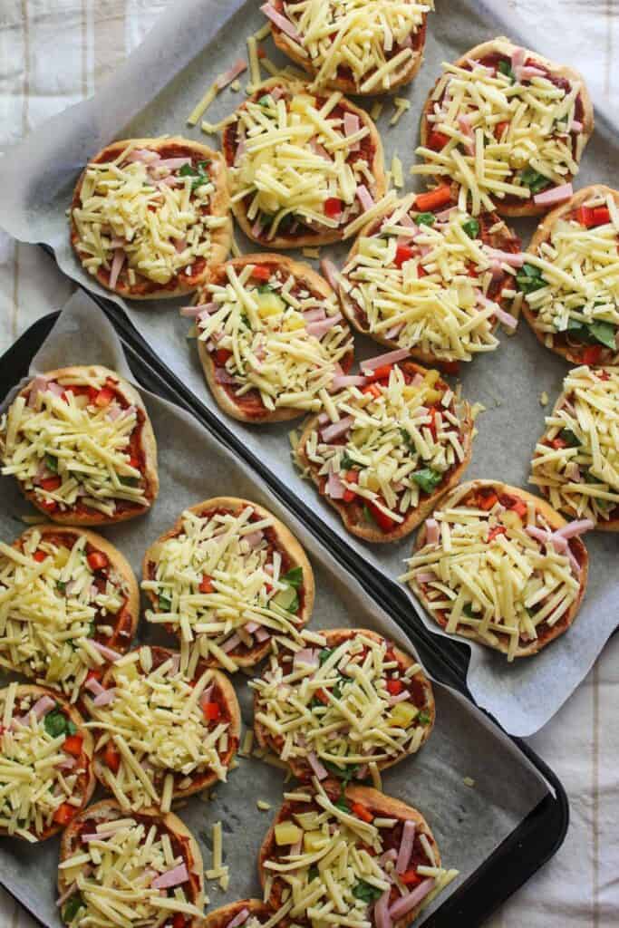 Freezer Friendly Mini Pizzas on a baking tray