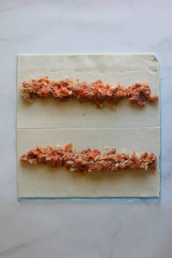 Meat mixture on puff pastry.