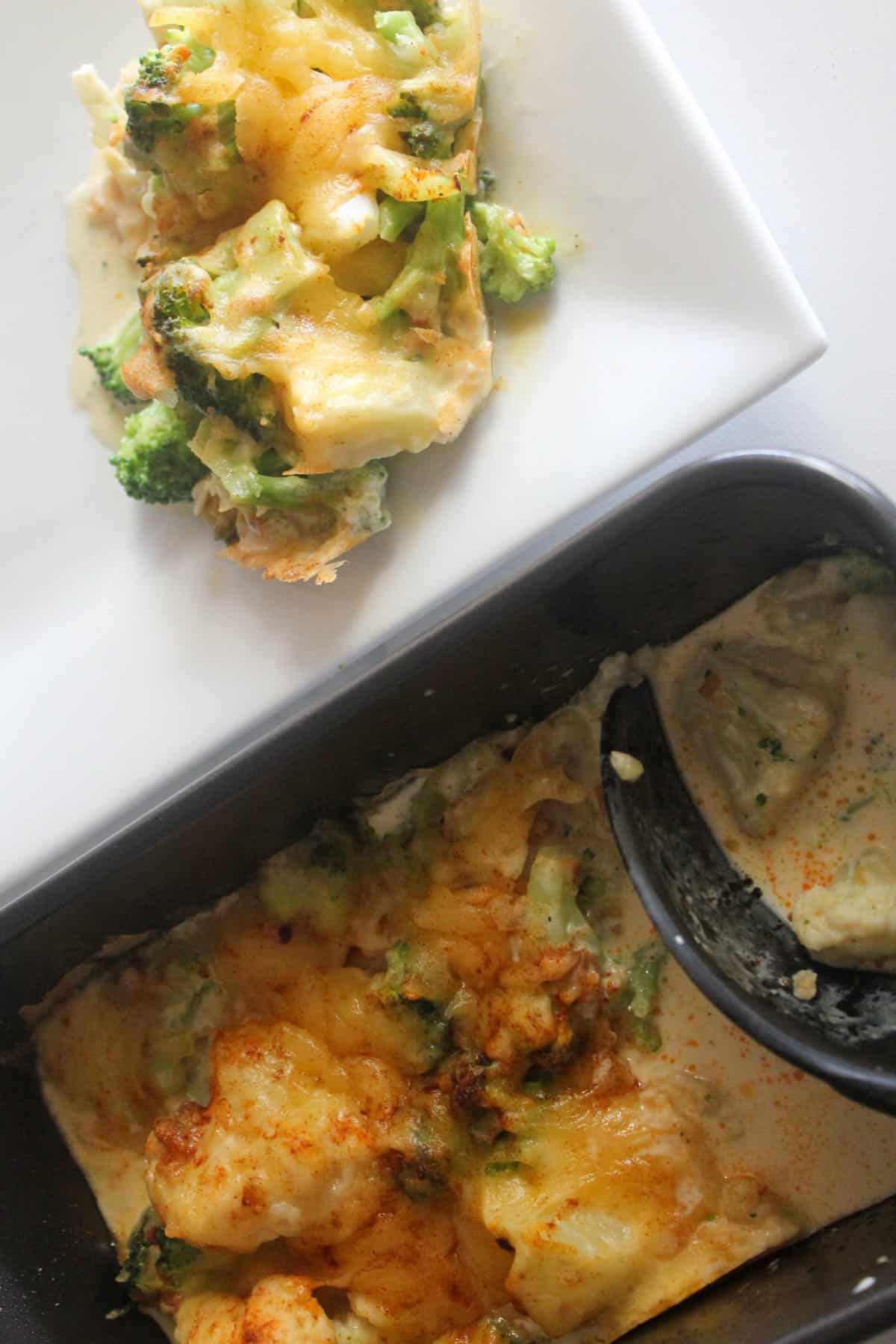 Broccoli and cauliflower bake in baking dish and on a white plate